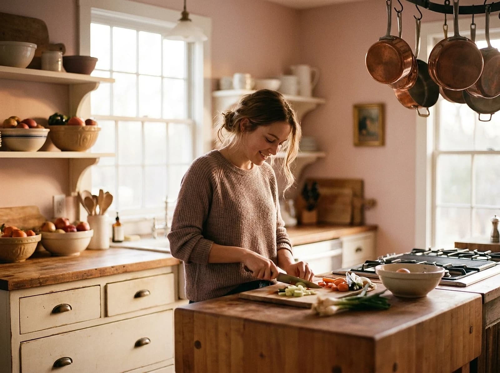 A young woman preparing food independently in her warm home kitchen, absorbed and capable