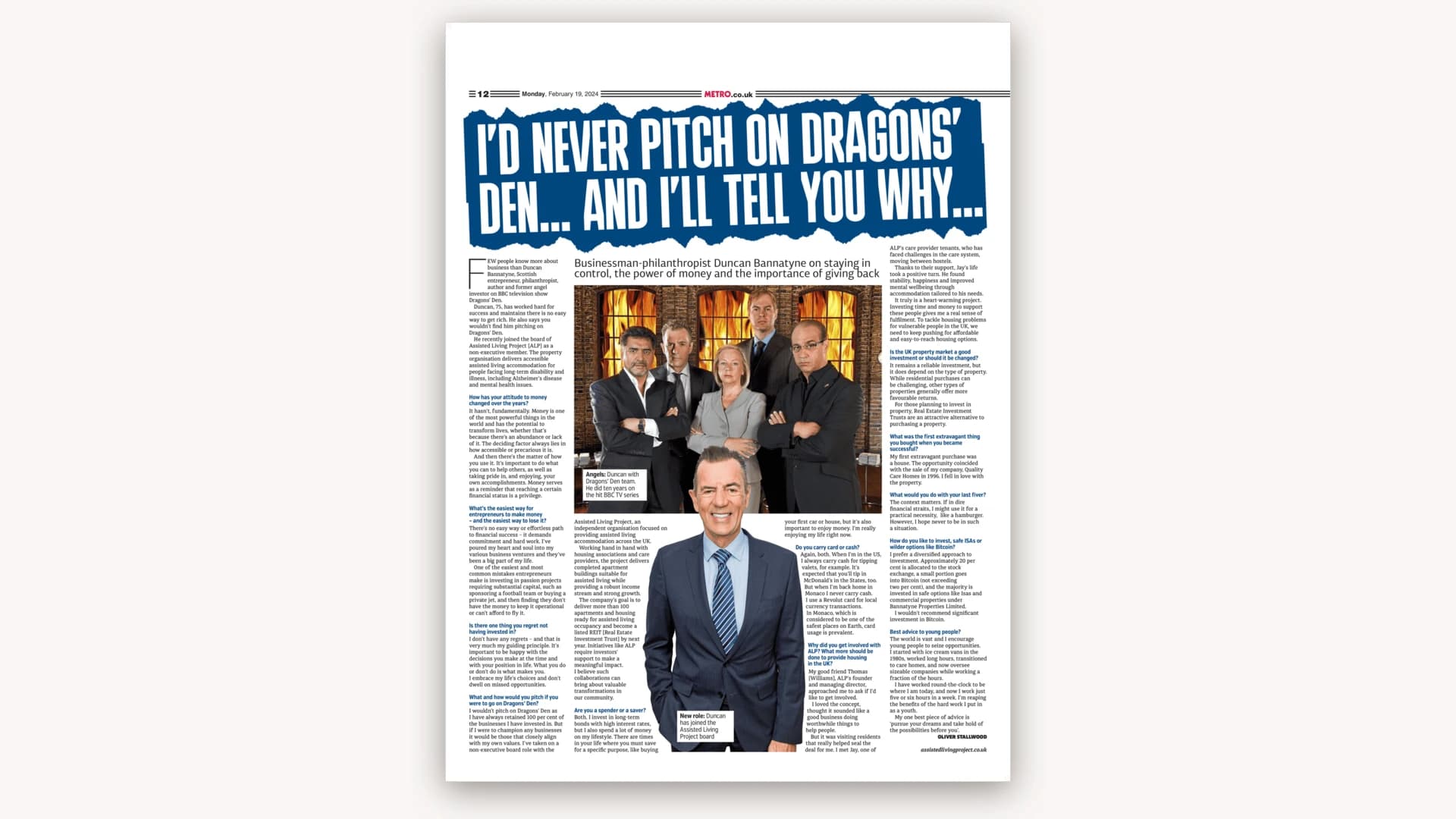 Metro's print page of 19 February 2024, headlined “I’d never pitch on Dragons’ Den… and I’ll tell you why…”, with a full-length photograph of Duncan Bannatyne