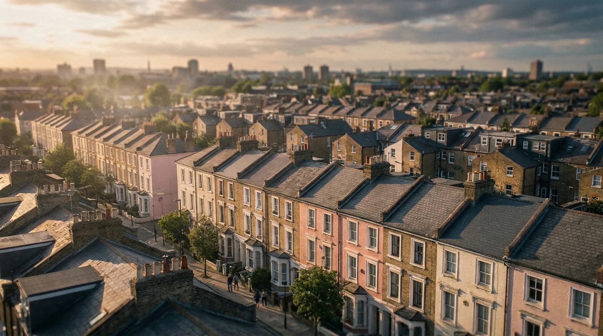 Rows of Victorian terraced houses seen from above in warm evening light, slate roofs and chimney stacks running back towards a hazy city skyline