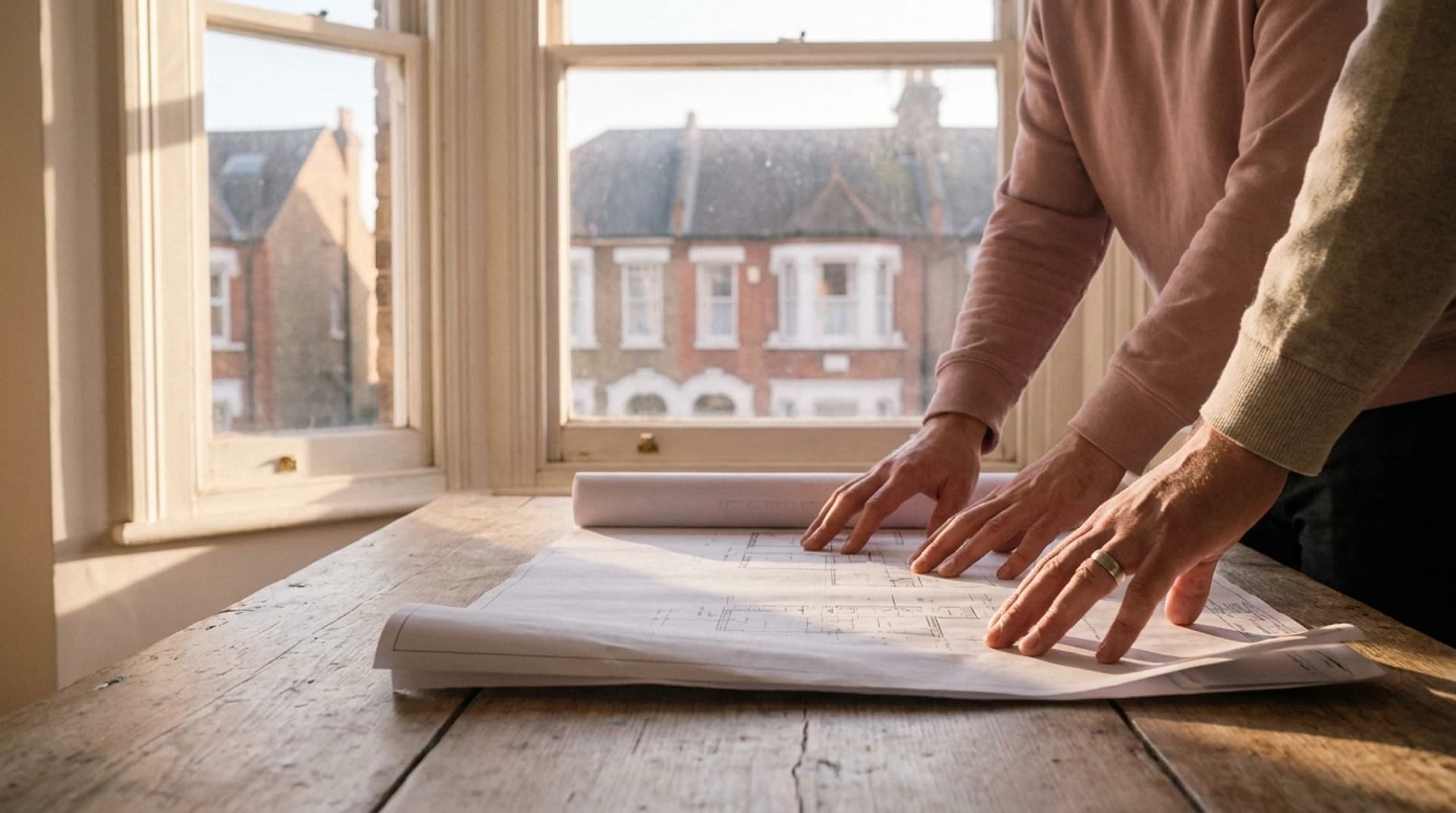 A pair of hands spreading architectural drawings across a bare wooden table beside a sunlit bay window, Victorian terraced houses outside
