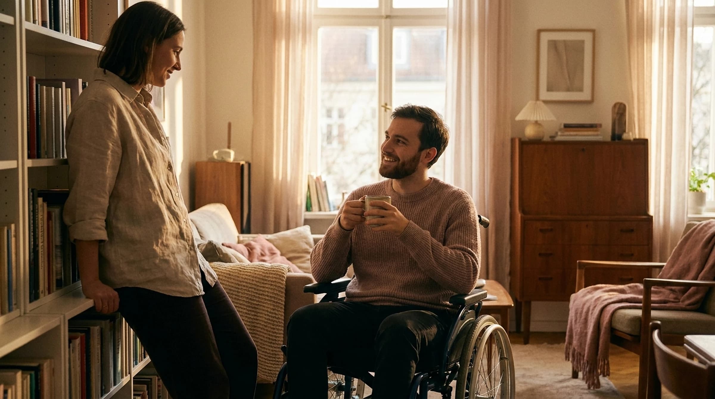 A young man who uses a wheelchair holding a warm mug, smiling in candid conversation with a friend in a sunlit home
