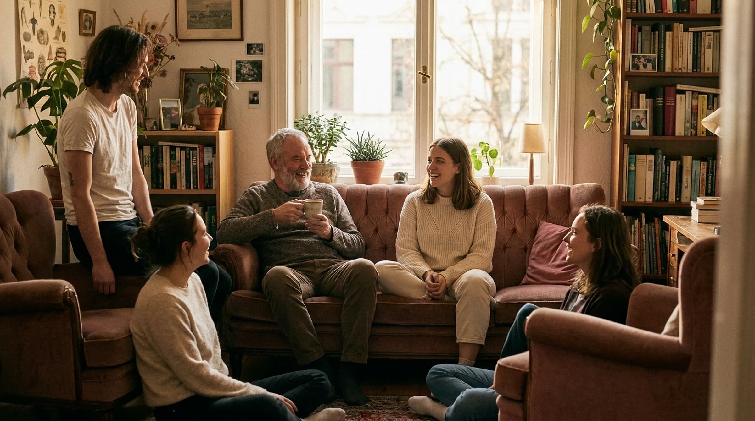 A mixed-age group of people enjoying each other's company in a warm living room